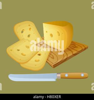Cheese cut into chunks. Kitchen cutting board. Knife for slicing cheese. Stock Vector illustration. Stock Vector