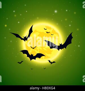 Halloween. Bats on a background of starry sky and full yellow moon. Stock vector illustration. Stock Vector