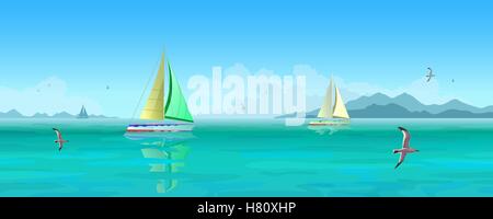 Sailing boats and seagulls flying over blue ocean. Stock Vector