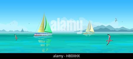 Sailing boats and seagulls flying over blue ocean. Stock Vector