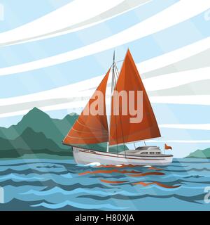 Stylized  seascape with the sailboat floating on the waves Stock Vector