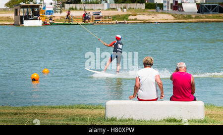 Aiguillon-sur-Mer, France, France - July 06, 2016 : installing a wake park during the 2016 season on the Lake of Aiguillon sur M Stock Photo