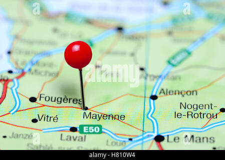 Mayenne pinned on a map of France Stock Photo