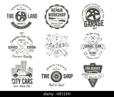 Vintage car service badges, garage repair labels and insignias collection. Retro colors design. Good for repair workshop, classic cars auctions, clubs, tee shirt. Vector monochrome isolated. Stock Vector