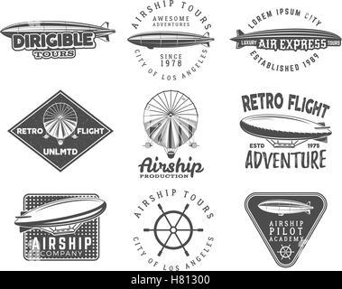 Vintage airship logo designs set. Retro Dirigible badges collection. Airplane Label vector design. Old sketching style. Use as fly logos, labels, stamps, patches for web design or tee design, t-shirt. Stock Vector