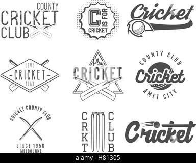 Set of cricket team emblem and design elements. Cricket championship logo designs. Cricket club badges. Sports symbols with cricket gear, equipment. Use for web or tee design or print them. Stock Vector
