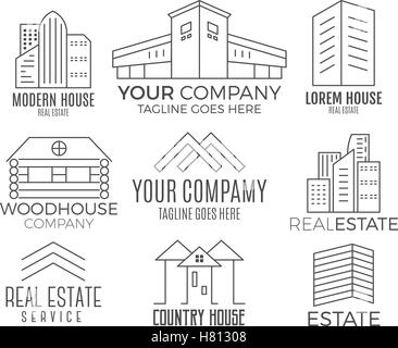 Set of vector house logo designs, real estate icon suitable for info graphics, websites and print media. Vector, flat icon, badges, labels, clip art. Lineart style. Thin line design. Stock Vector