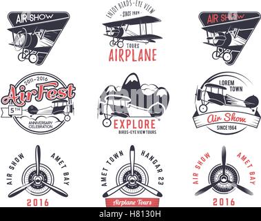 Vintage airplane emblems. Biplane labels. Retro Plane badges and design ...