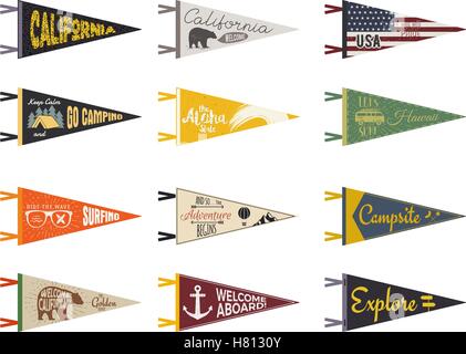 Set of adventure pennants. Pennant explore flags design. Vintage surf, caravan, rv templates. USA, california pennant with summer camp symbols trailer, signpost, anchor, bear. Summer hawaii old style. Stock Vector