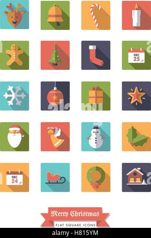 Collection of Christmas Holidays and winter season flat design long shadow icons in rounded squares Stock Vector