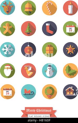 Collection of Christmas Holidays and winter season flat design long shadow icons in circles Stock Vector