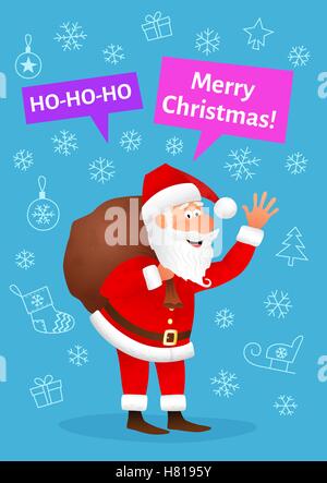 Santa Claus flat character isolated on blue Christmas hand drawn background. Standing funny old man carrying sack with gifts, wa Stock Vector