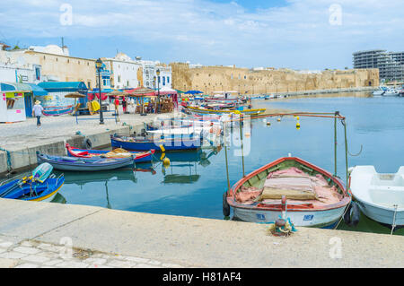 The old port is the scenic place with numerous colorful fishing boats Stock Photo