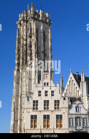 Saint Rumbold's Tower from the Market Square in Mechelen, Belgium. Stock Photo