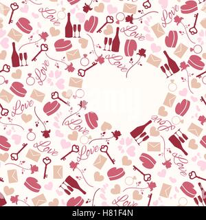 Seamless pattern for valentine s day or wedding day with bottle, glasses, rose, key, letter, ring, heart etc Stock Vector