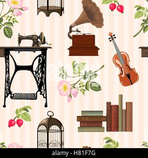 Seamless pattern with cosy vintage objects. Old sewing machine, violin, books, birdcage, gramophone, wild rose on striped backgr Stock Vector