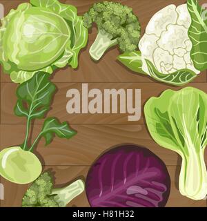 Various types of cabbage on wooden background. Green, purple, broccoli,  cauliflower, kohlrabi,  bok choy. Vector illustration E Stock Vector