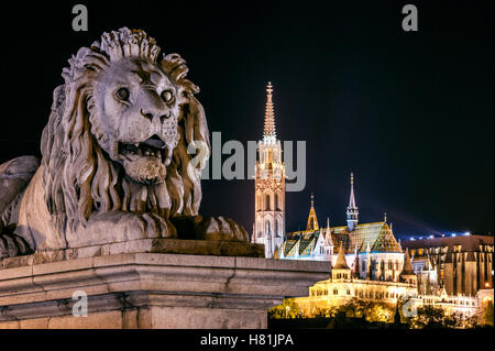 Stone statue of a lion, placed to the entry of the Chain Bridge, Budapest, Hungary Stock Photo