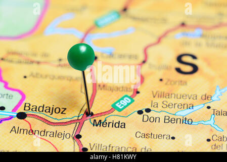 Merida pinned on a map of Spain Stock Photo