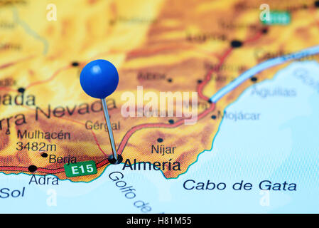 Almeria pinned on a map of Spain Stock Photo