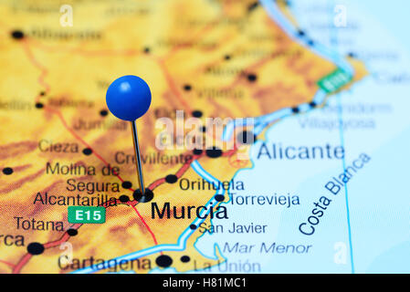 Murcia pinned on a map of Spain Stock Photo