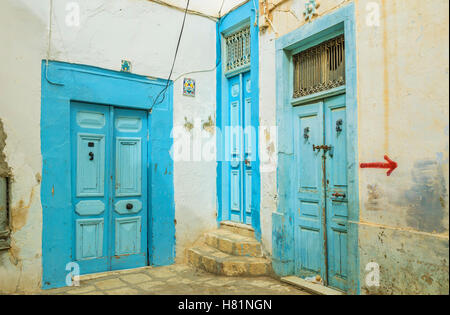 The doors of residential houses were built chaotically, Sousse, Tunisia. Stock Photo
