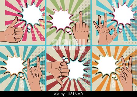 Hand sign comic text retro pop art style white round bubble. Gestures ok, rock, no, middle finger. Cartoon comic text vector Stock Vector