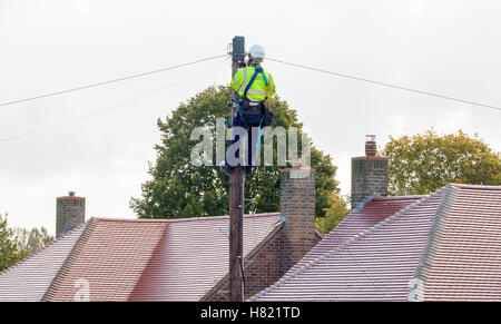 FAKENHAM, NORFOLK / UK - 10th OCTOBER 2016: Openreach BT engineer fixing cables up a pole.