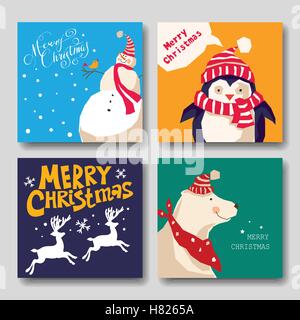 card with Christmas. reindeer, snowman, penguin, polar bear Stock Vector