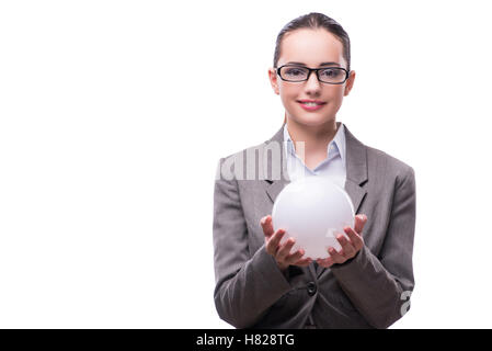 Woman holding crystall ball isolated on white Stock Photo