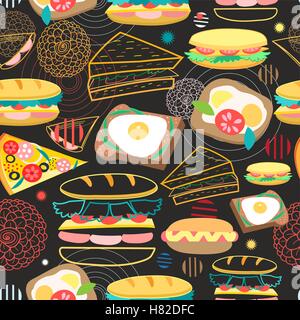 Seamless vector pattern of different sandwiches on a dark background Stock Vector