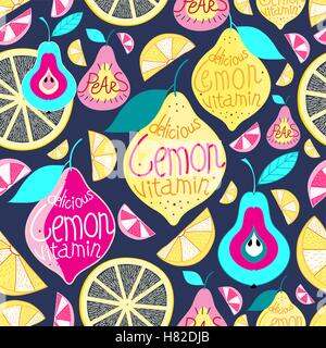 Seamless pattern lemons pears on a blue background Stock Vector