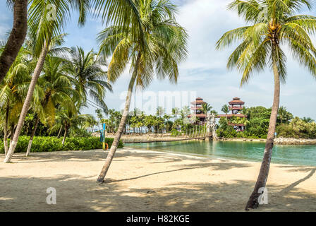 Palawan Beach and the bridge to most southern point of continental Asia on Sentosa Island, Singapore Stock Photo