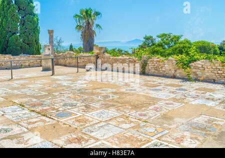 The preserved floor of the ancient Roman villa covered with masterpiece mosaics, Carthage Stock Photo