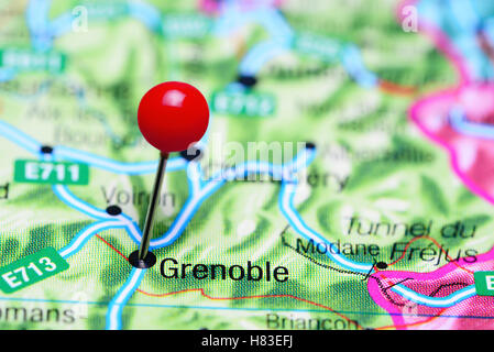 Grenoble pinned on a map of France Stock Photo