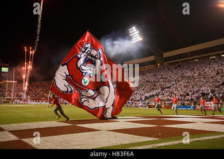 Sep. 18, 2009; Fresno, CA, USA;  The Fresno State Bulldogs celebrate after scoring a touchdown against the Boise State Broncos during the third quarter at Bulldog Stadium. Boise State defeated Fresno State 51-34. Stock Photo