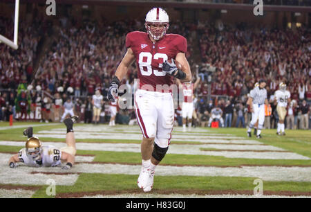 November 28, 2009; Stanford, CA, USA;  Stanford Cardinal tight end Jim Dray (83) beats Notre Dame Fighting Irish safety Kyle McCarthy (28) for a two point conversion during the fourth quarter at Stanford Stadium.  Stanford defeated Notre Dame 45-38. Stock Photo