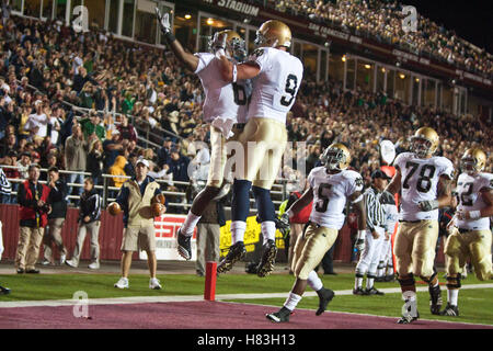 October 2, 2010; Chestnut Hill, MA, USA;  Notre Dame Fighting Irish wide receiver Theo Riddick (6) celebrates with tight end Kyle Rudolph (9) after scoring a touchdown against the Boston College Eagles during the first quarter at the Alumni Stadium. Stock Photo