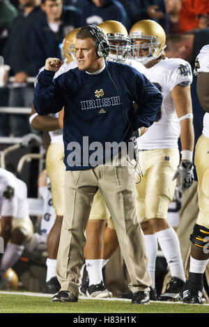 October 2, 2010; Chestnut Hill, MA, USA;  Notre Dame Fighting Irish head coach Brian Kelly celebrates on the sidelines during the second quarter against the Boston College Eagles at the Alumni Stadium. Stock Photo