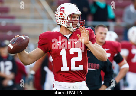 November 6, 2010; Stanford, CA, USA;  Stanford Cardinal quarterback Andrew Luck (12) warms up before the game against the Arizona Wildcats at Stanford Stadium. Stock Photo