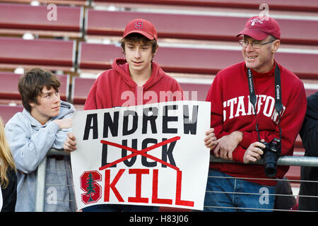 November 27, 2010; Stanford, CA, USA;  A Stanford Cardinal fans holds up a sign in support of quarterback Andrew Luck (not pictured) before the game against the Oregon State Beavers at Stanford Stadium.  Stanford defeated Oregon State 38-0. Stock Photo