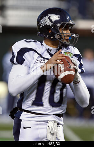 January 9, 2011; San Francisco, CA, USA;  Nevada Wolf Pack quarterback Colin Kaepernick (10) warms up before the 2011 Fight Hunger Bowl against the Boston College Eagles at AT&T Park. Stock Photo