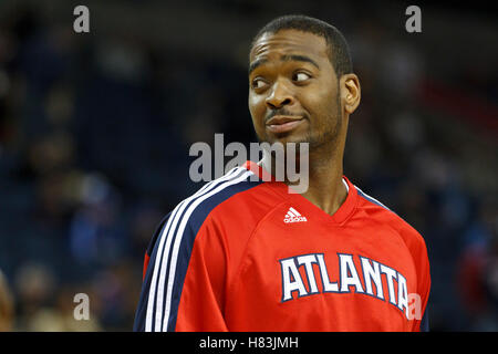 February 25, 2011; Oakland, CA, USA;  Atlanta Hawks center Josh Powell (12) warms up before the game against the Golden State Warriors at Oracle Arena. Atlanta defeated Golden State 95-79. Stock Photo