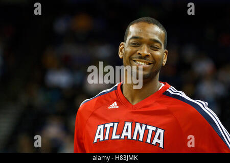 February 25, 2011; Oakland, CA, USA;  Atlanta Hawks center Josh Powell (12) warms up before the game against the Golden State Warriors at Oracle Arena. Atlanta defeated Golden State 95-79. Stock Photo