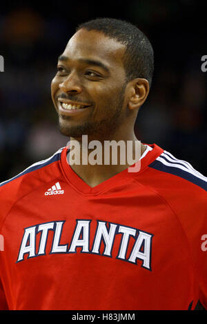 February 25, 2011; Oakland, CA, USA;  Atlanta Hawks center Josh Powell (12) warms up before the game against the Golden State Warriors at Oracle Arena. Atlanta defeated Golden State 95-79. Stock Photo