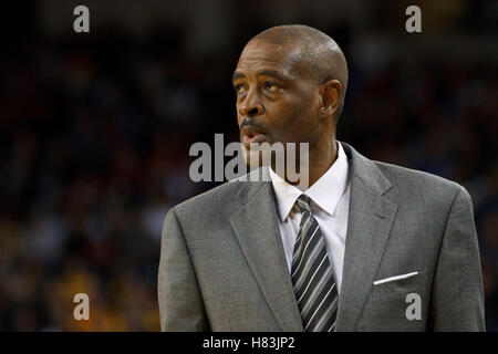 February 25, 2011; Oakland, CA, USA;  Atlanta Hawks head coach Larry Drew on the sidelines against the Golden State Warriors during the first quarter at Oracle Arena. Stock Photo
