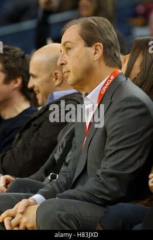 February 25, 2011; Oakland, CA, USA;  Golden State Warriors owner Joe Lacob watches his team against the Atlanta Hawks during the fourth quarter at Oracle Arena. Atlanta defeated Golden State 95-79. Stock Photo