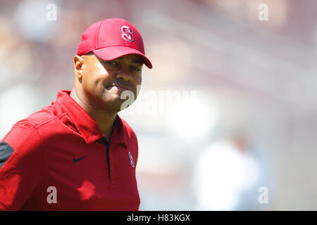 September 3, 2011; Stanford, CA, USA;   Stanford Cardinal head coach David Shaw stands on the field during pregame warm ups before the game against the San Jose State Spartans at Stanford Stadium. Stock Photo