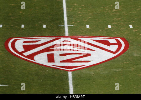 Oct 8, 2011; Stanford CA, USA;  General view of the PAC-12 logo on the field before the game between the Stanford Cardinal and the Colorado Buffaloes at Stanford Stadium.  Stanford defeated Colorado 48-7. Stock Photo