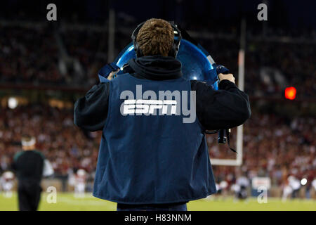 Nov 12, 2011; Stanford CA, USA;  General view of an ESPN crew member holding a parabolic microphone on the sidelines during the first quarter between the Stanford Cardinal and the Oregon Ducks at Stanford Stadium.  Oregon defeated Stanford 53-30. Stock Photo